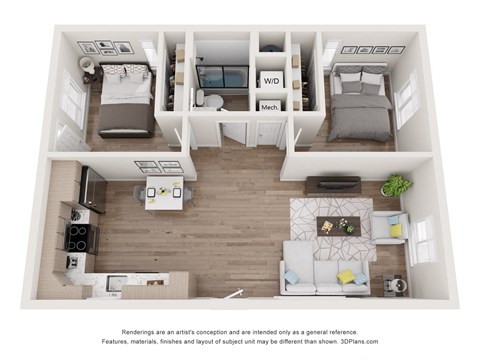 Floor plan for 2 beds, 1 bath, 750 sqft